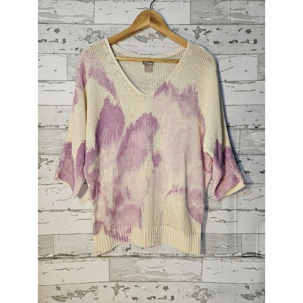 Chico's Purple Tie Dye Linen Blend V-Neck Sweater Size 1 M Dolman Sleeve